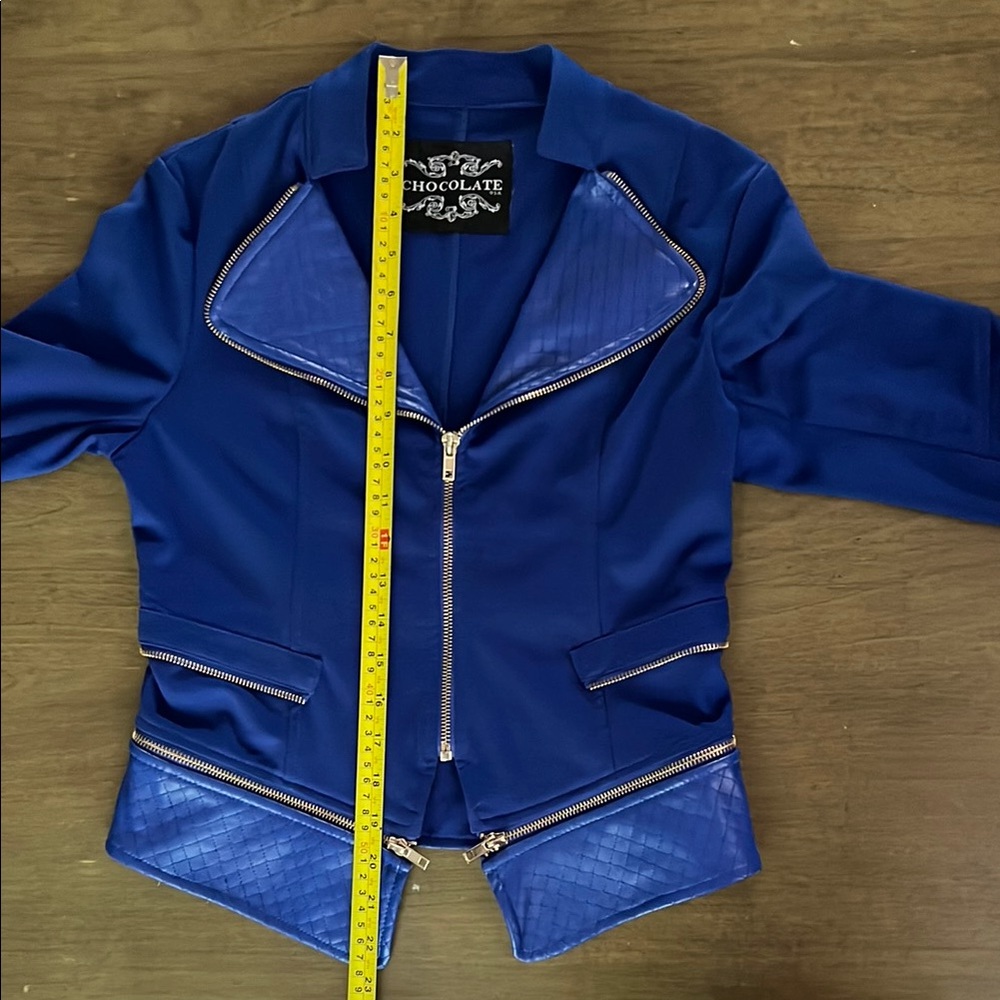 Cute Vintage Biker Retro Bold Blue Blazer with High Collar Slim Fit Faux Leather - Picture 14 of 16